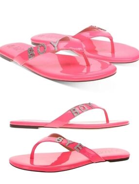 NIB Wild Pair "Boy Bye" Graphic Bright Pink Rhinestone Sandals Size 8 *bsmt